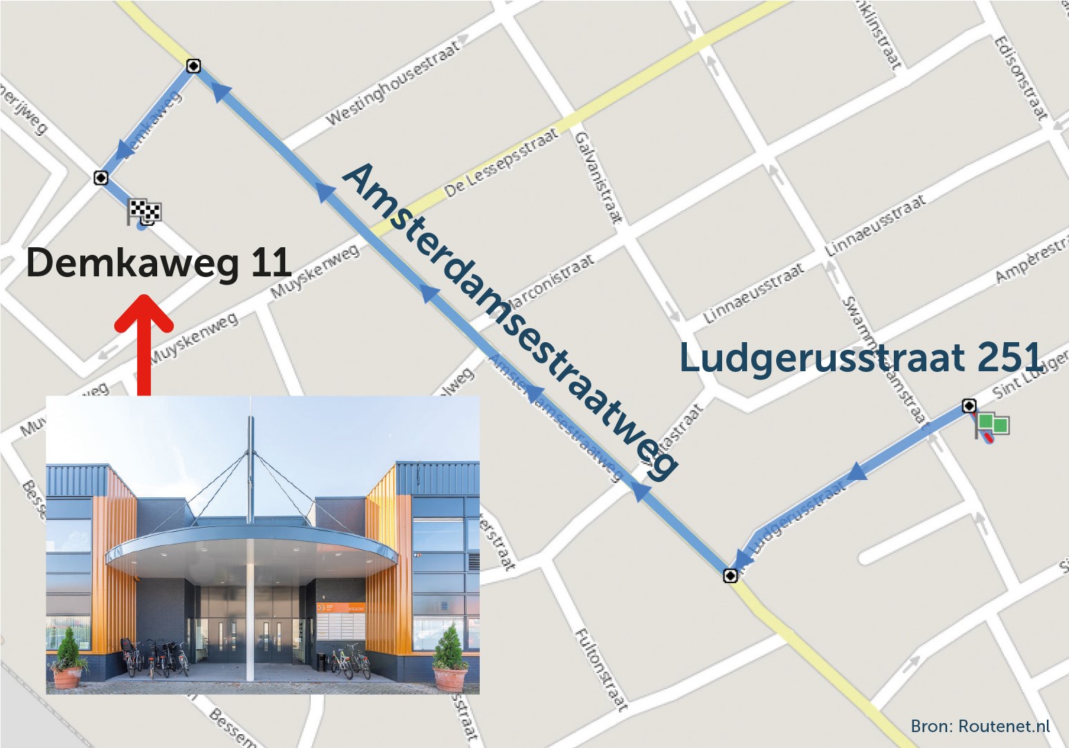 Route van de Ludegerusstraat 251 naar de Demkaweg 11